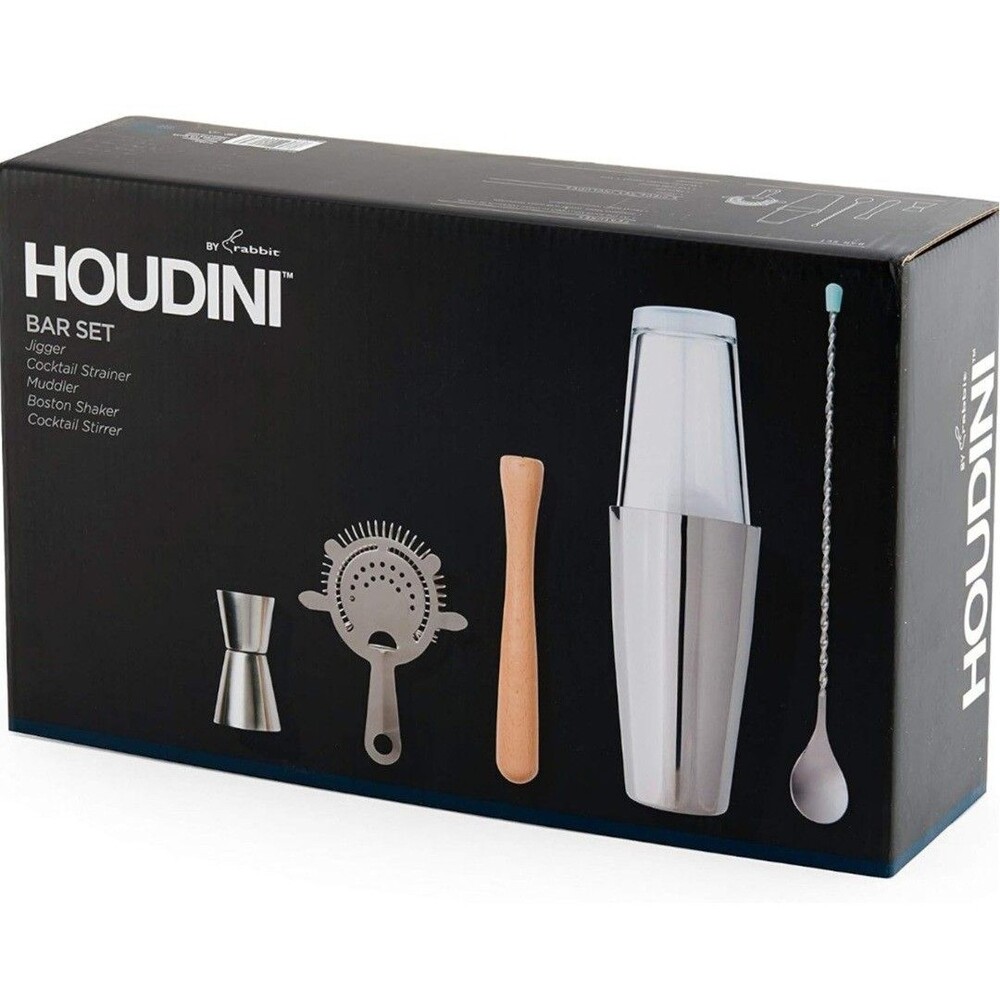 Houdini 5-Piece Bar Tool Set Boston Shaker Jigger Muddler Strainer H7-20405T